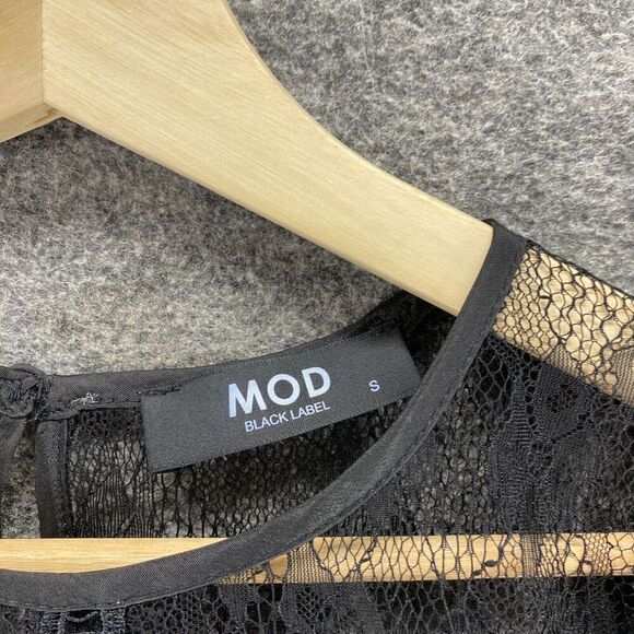 Mod Blouse Women S Small Black Lined Crochet Round Neck Short Sleeve Hook & Eye - Picture 5 of 9